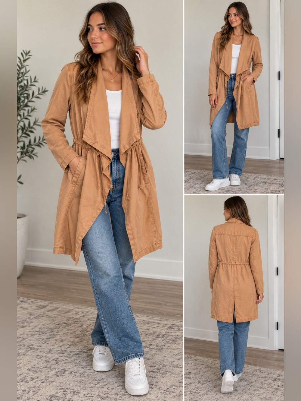 Casual Drawstring Trench Coat - Tan